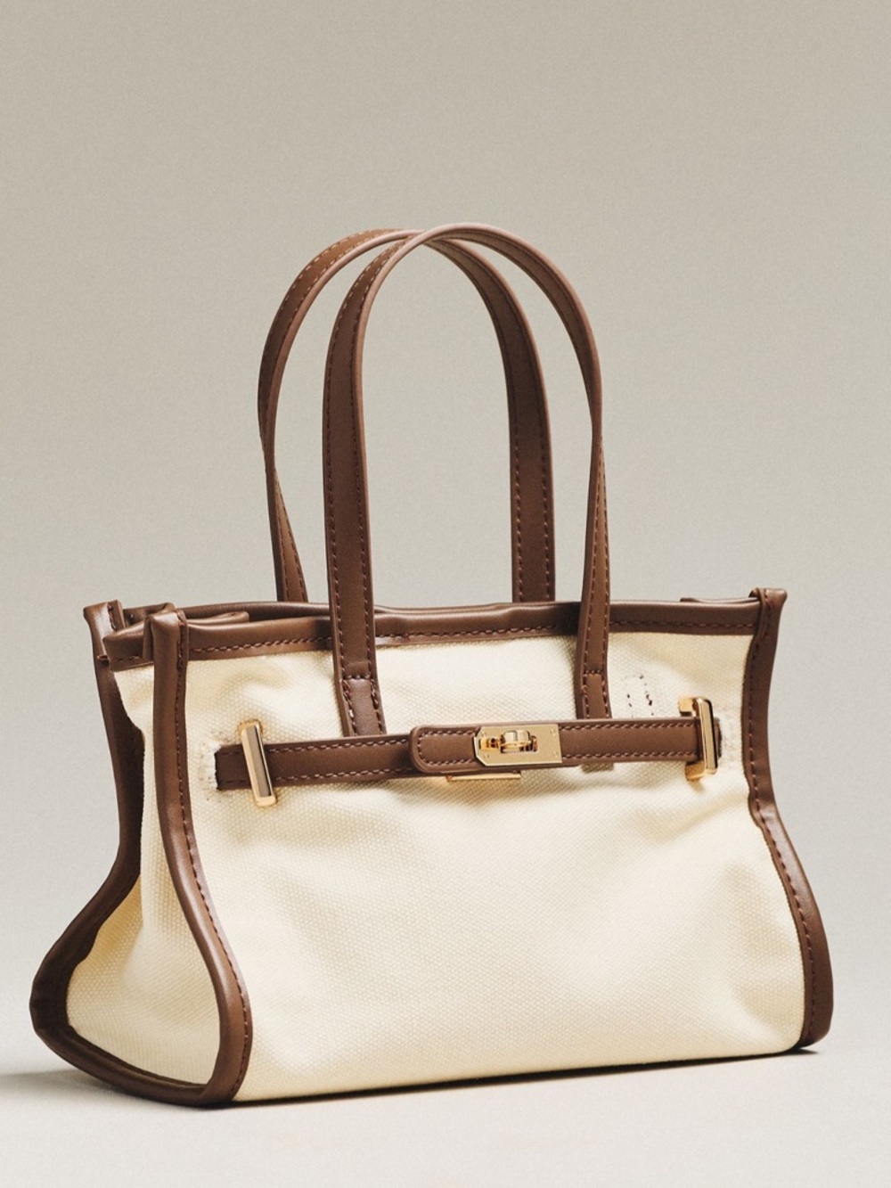Anthropologie Faux Leather Chocolate Belted Canvas Mini Birkin Style Tote Bag